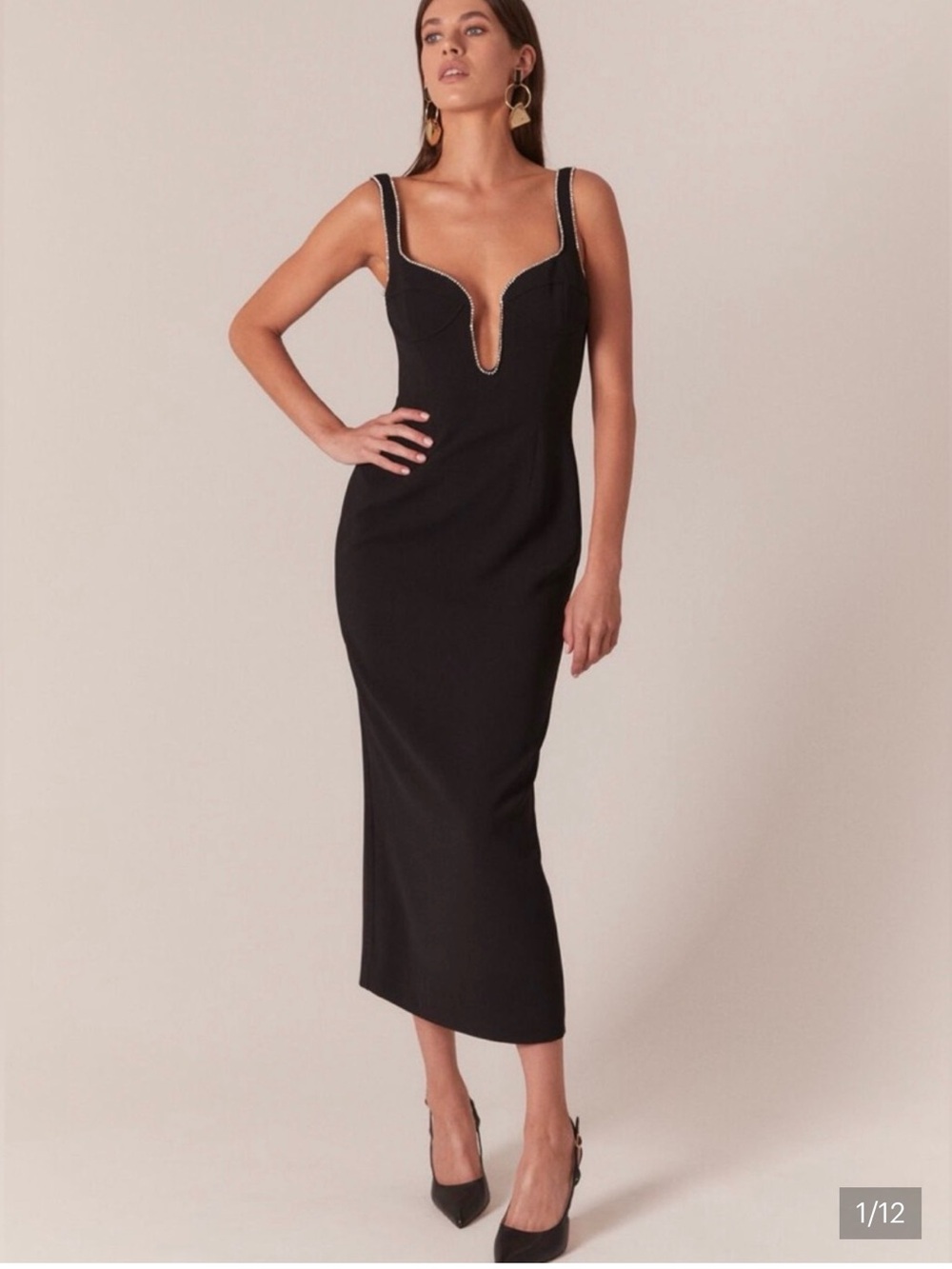 Bardot Black Midi Dress with Plunge Neckline and Contrast Trim